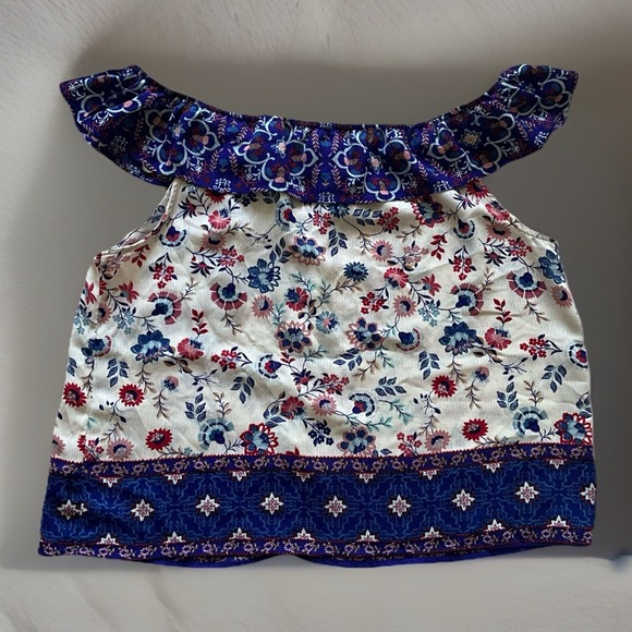 Floral Print Off Shoulder Top Bohemian Style Blue Red White Patterned‎ - Picture 2 of 9